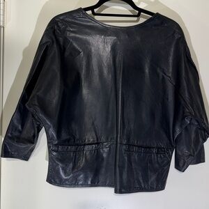 Vintage 80’s Black Leather Top with 2 Front Pockets 
Dolman sleeve V Button back